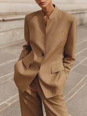 Old-Money Minimalist Stand-Collar Wool Blazer