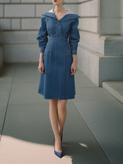 Minimalist Sailor-Collar Structured Denim Midi Dress