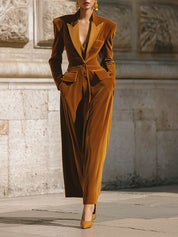 Synthetic Velvet Contrasting Lapel Soft Shoulder Pads Midi Dress