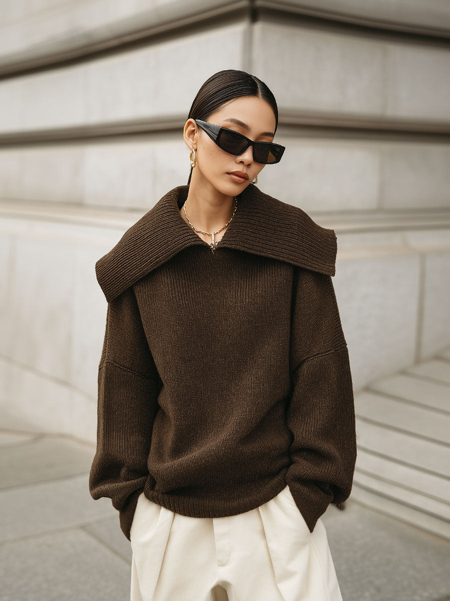 Minimalist Fine Knit Large Lapel Off-shoulder Sweater