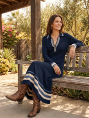 Chic Ribbed-Knit Contrast-Stripe Navy Blue Sweater Maxi Dress