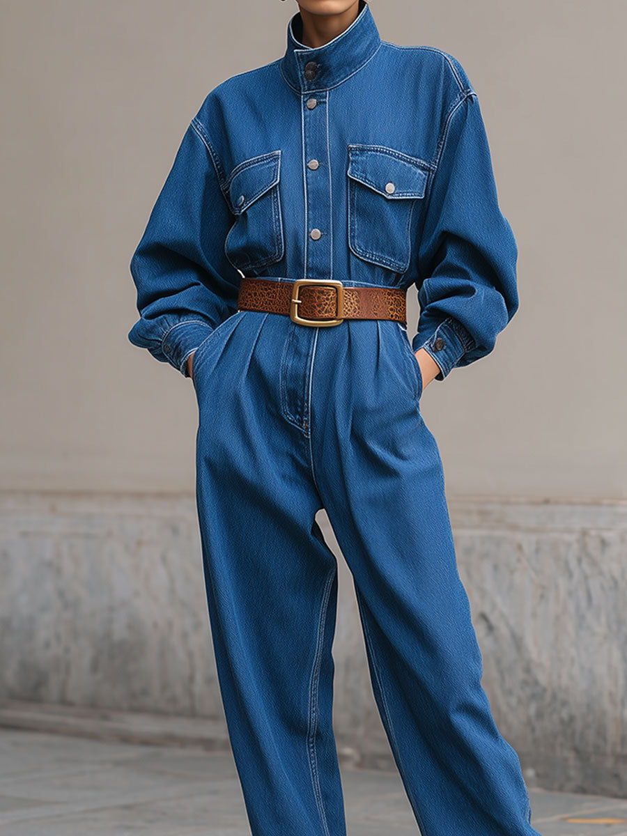 Minimalist Stand-up Collar Dropped Shoulder Sleeves Jacket & Pinched Waist Carrot Jeans Set