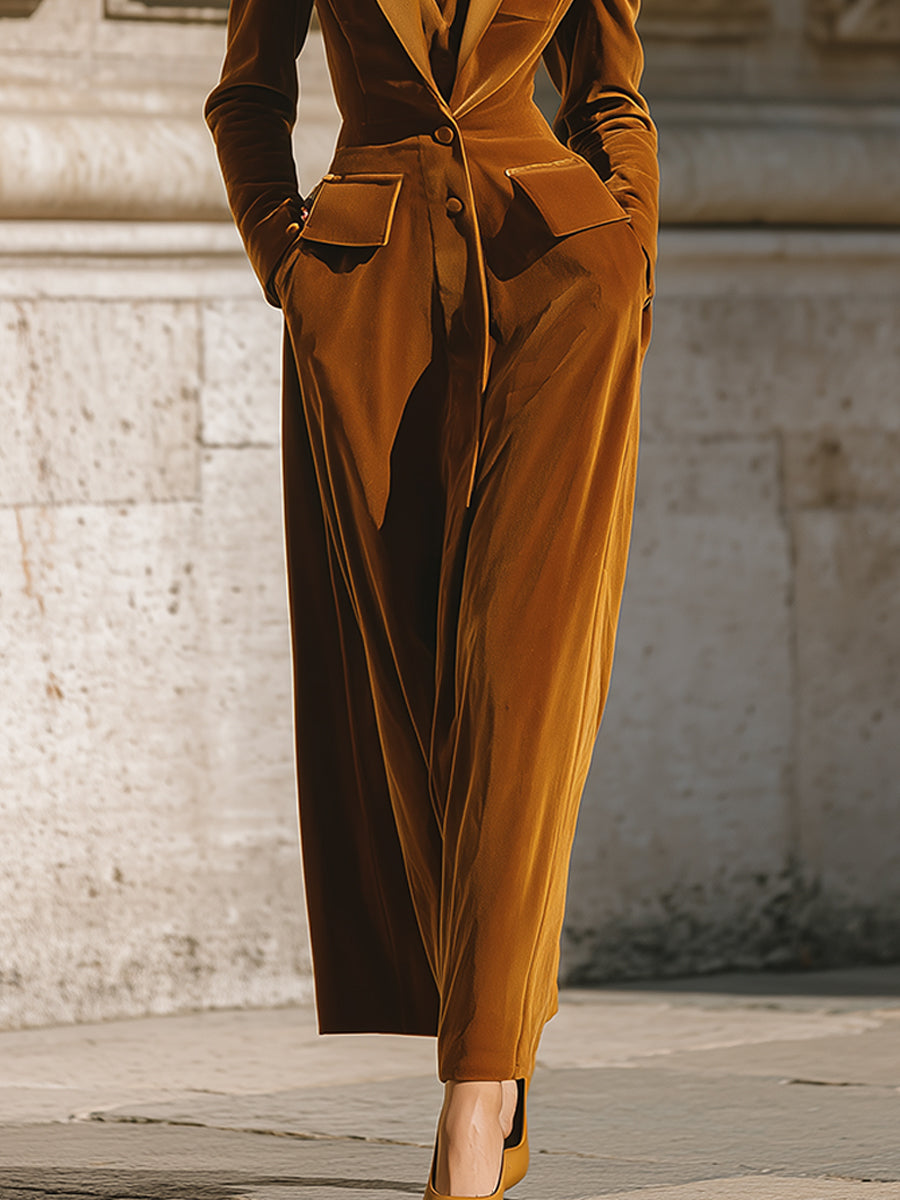 Synthetic Velvet Contrasting Lapel Soft Shoulder Pads Midi Dress