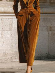 Synthetic Velvet Contrasting Lapel Soft Shoulder Pads Midi Dress