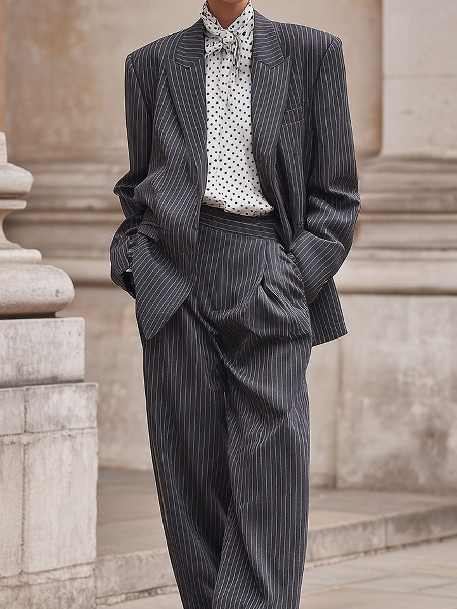 Neutral Pinstripe Lapel Blazer & Pleated Wide-leg Pants Set