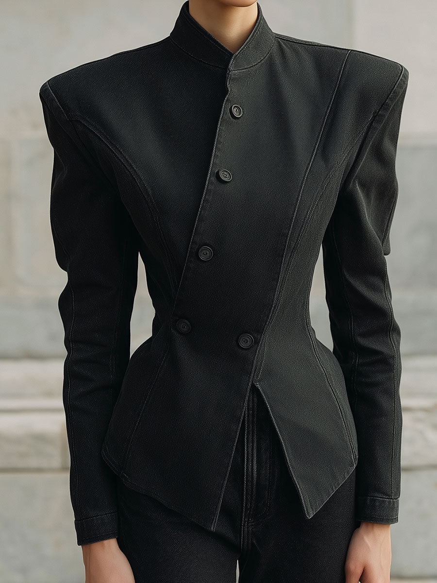 Deconstructed Washed Denim Stand Collar Diagonal Placket X-fit Waisted Jacket