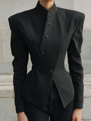 Deconstructed Washed Denim Stand Collar Diagonal Placket X-fit Waisted Jacket