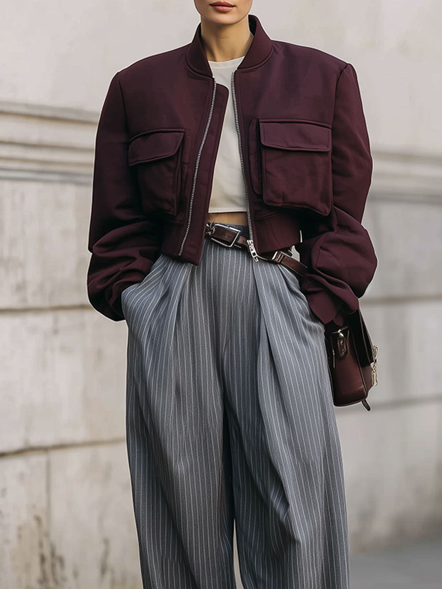 Commuting Short Bomber Jacket With Oversized Shoulder Pads