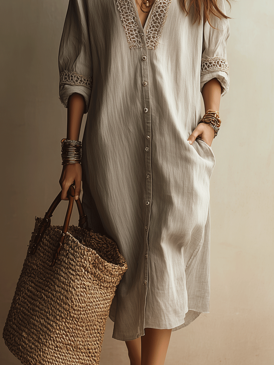 Chic Ivory Lightweight Linen Feel Casual Resort Midi Dress