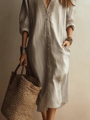 Chic Ivory Lightweight Linen Feel Casual Resort Midi Dress