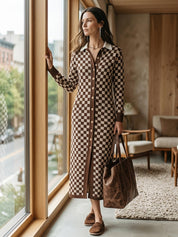 Checkered Print Long Sleeve Button-Up Knit Maxi Cardigan Dress
