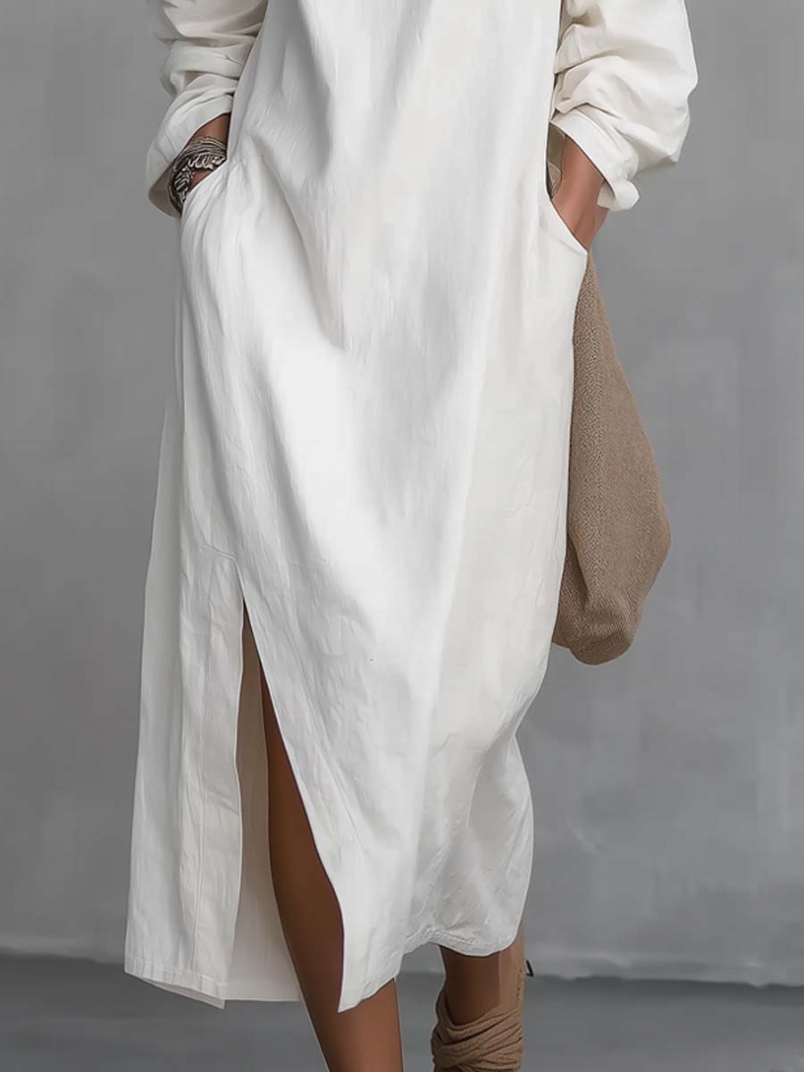 Loose-fitting One Shoulder Split Hem Cotton Linen Midi Dress Loose-fitting One Shoulder Split Hem Cotton Linen Midi Dress