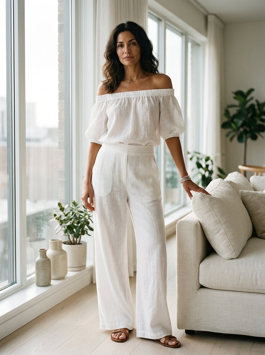 White Off-the-shoulder Linen Blend Top And Wide-leg Pants Set