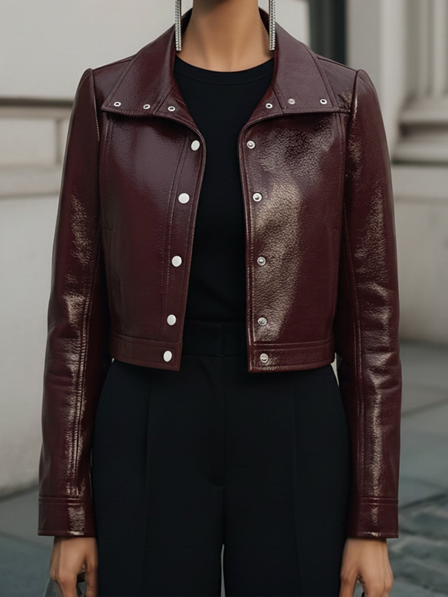 Vintage Minimal Cropped Metal Studs Eco-friendly Patent Leather Jacket