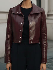 Vintage Minimal Cropped Metal Studs Eco-friendly Patent Leather Jacket