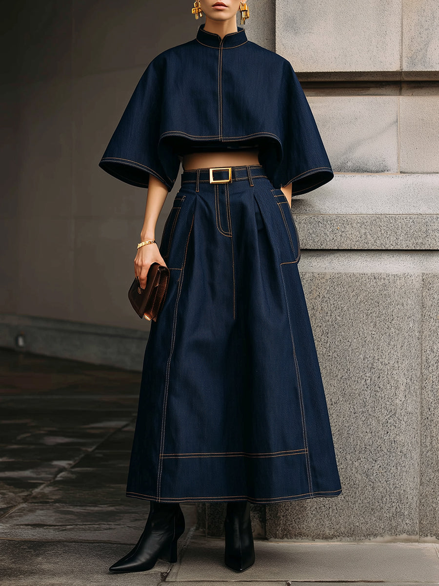 Classic Denim Stand Collar Cape & Topstitched Midi Skirt Set