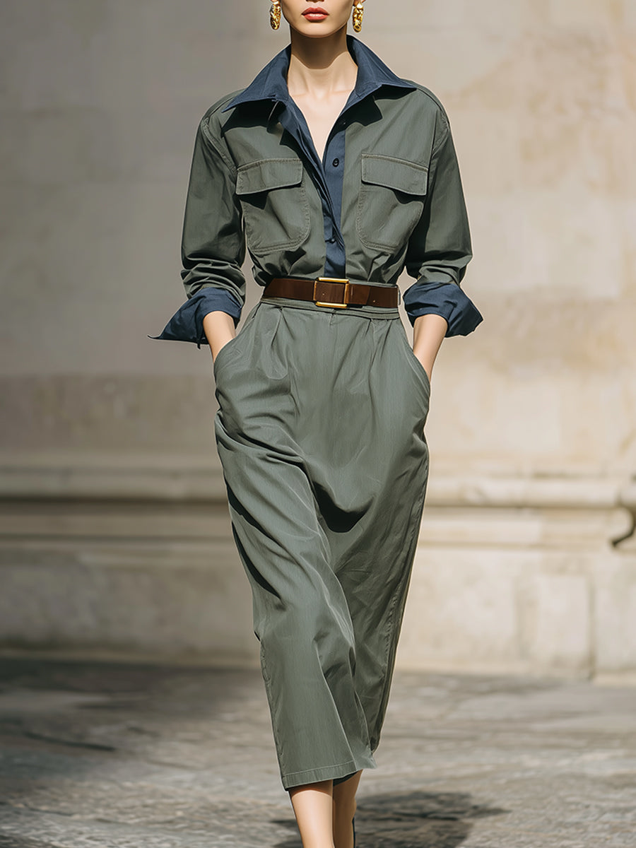 Commuting Contrast Color Cotton Shirt & Diagonal Pocket Pencil Midi Skirt Set
