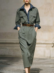 Commuting Contrast Color Cotton Shirt & Diagonal Pocket Pencil Midi Skirt Set