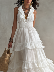 White Sleeveless Pleated Ruffled Details Bohemian Long Dress