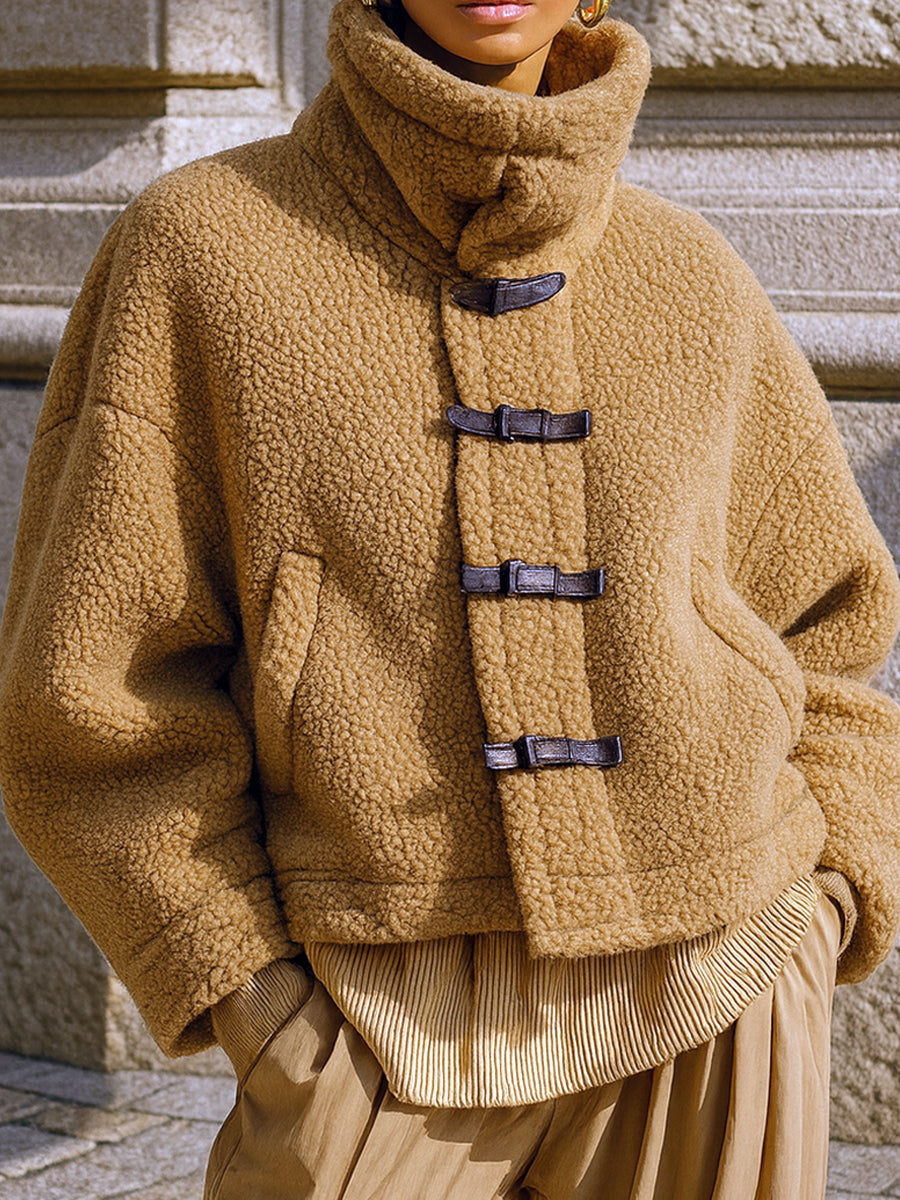 Old Money Polar Fleece High Collar Drop Shoulder Short Bread Jacket