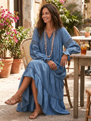 Chic Textured Cotton Split-Neck Tiered Flowy Chambray Blue Maxi Dress