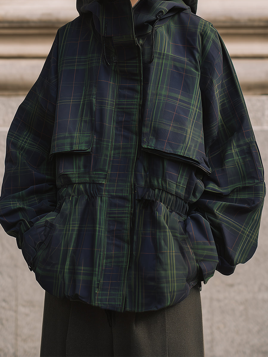Oversized Storm Flap Details Hooded Jacket In Checked Cotton Twill Print