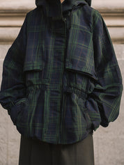 Oversized Storm Flap Details Hooded Jacket In Checked Cotton Twill Print