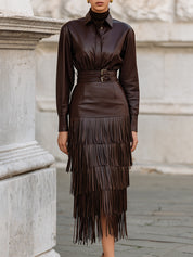 Old Money Eco-friendly Leather Blouse & Multi-layered Tassel Hem Belted Skirt Set
