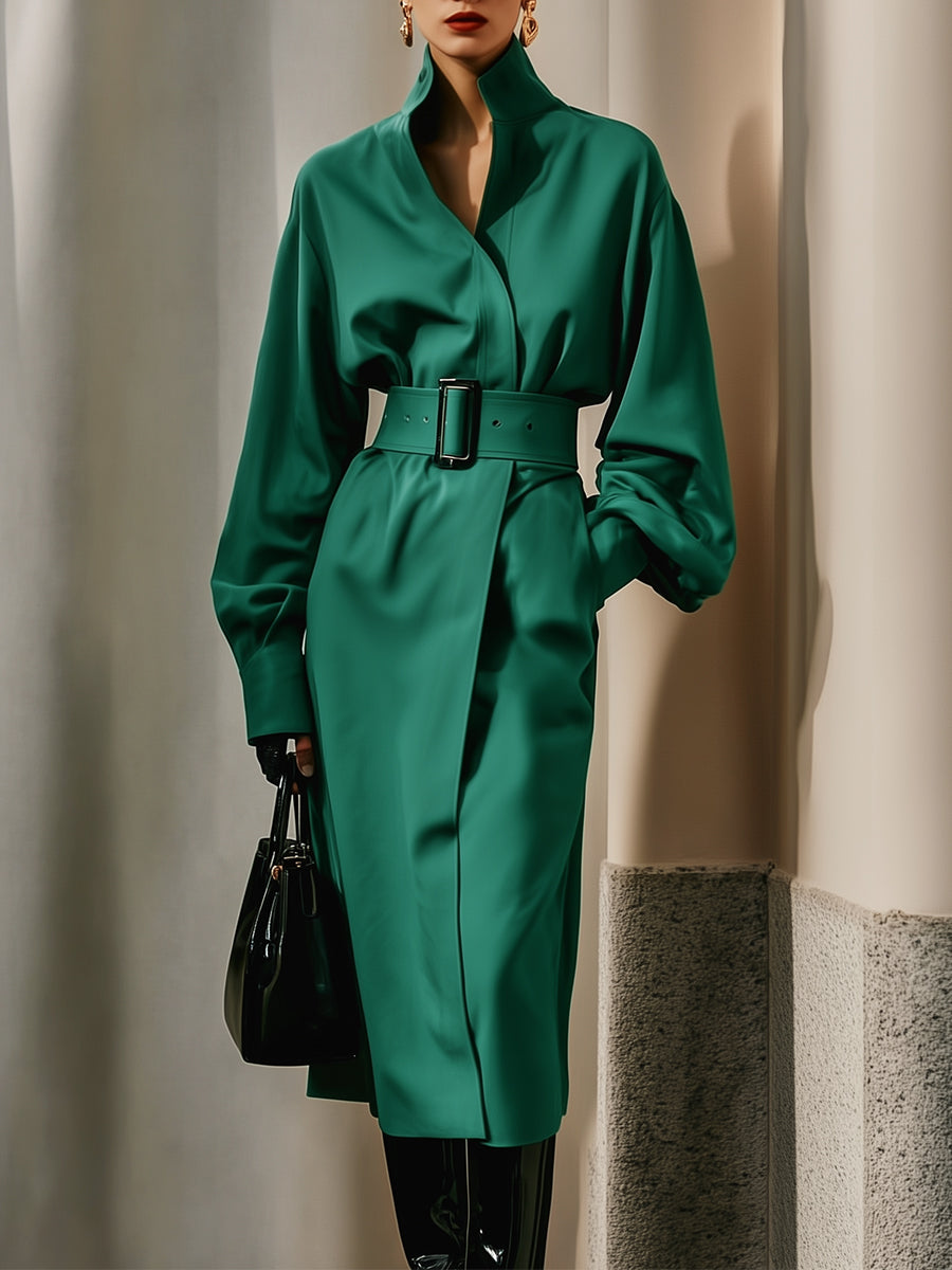 Minimalist Stand Collar Poplin Lantern Sleeve Shirt Midi Dress With Belt