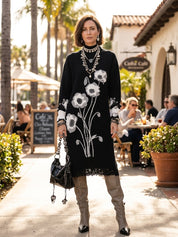 Quiet Luxury Soft Knit Oversized-Fit Black Floral Jacquard Tunic Dress