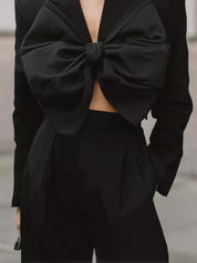 Uniquely Designed Removable Bow Lapel Cropped Boxy Blazer