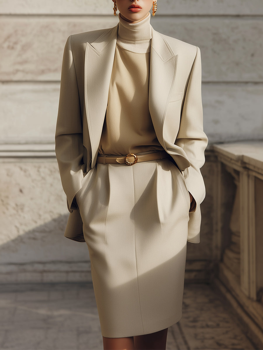 Androgynous Chic Lapel Blzaer & Diagonal Pockets Back Slit Cotton Skirt Set