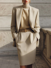 Androgynous Chic Lapel Blzaer & Diagonal Pockets Back Slit Cotton Skirt Set