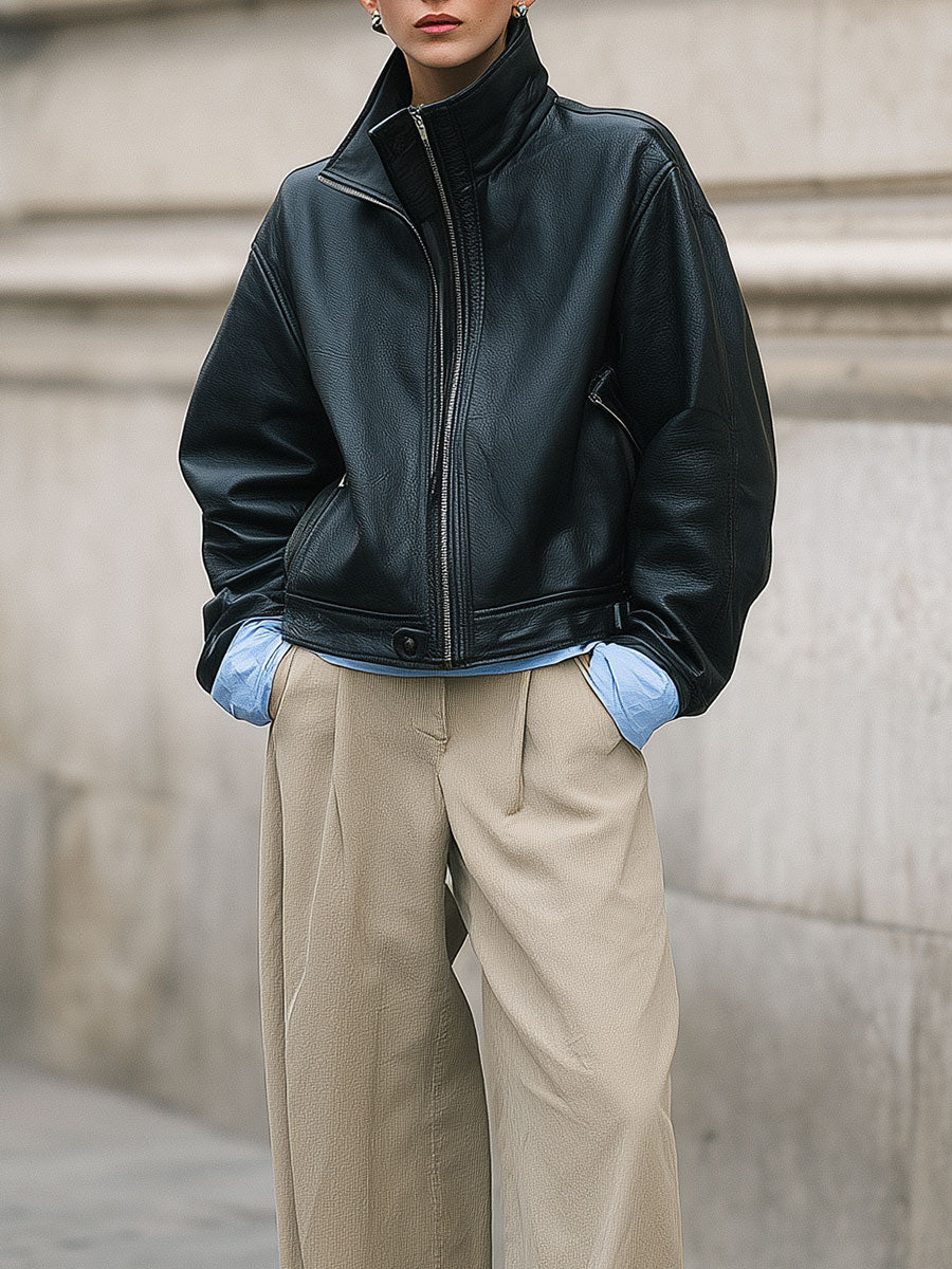 Commuting Minimalist Turtleneck Environmentally Friendly Leather Jacket