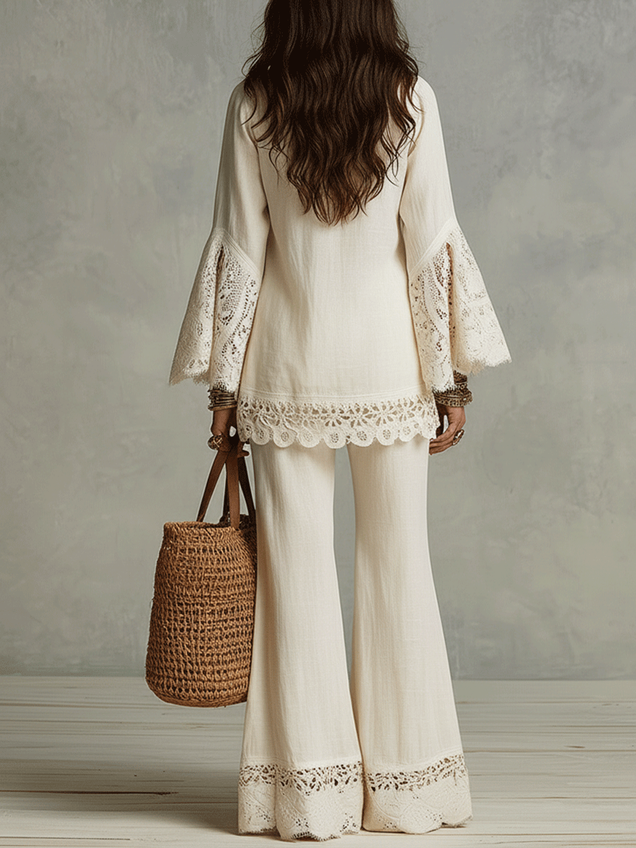 Bohemian Lace Trim Resort Ivory White Two-Piece Set