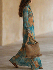 Bohemian Tropical Print Resort Ocean Blue Chiffon Maxi Dress