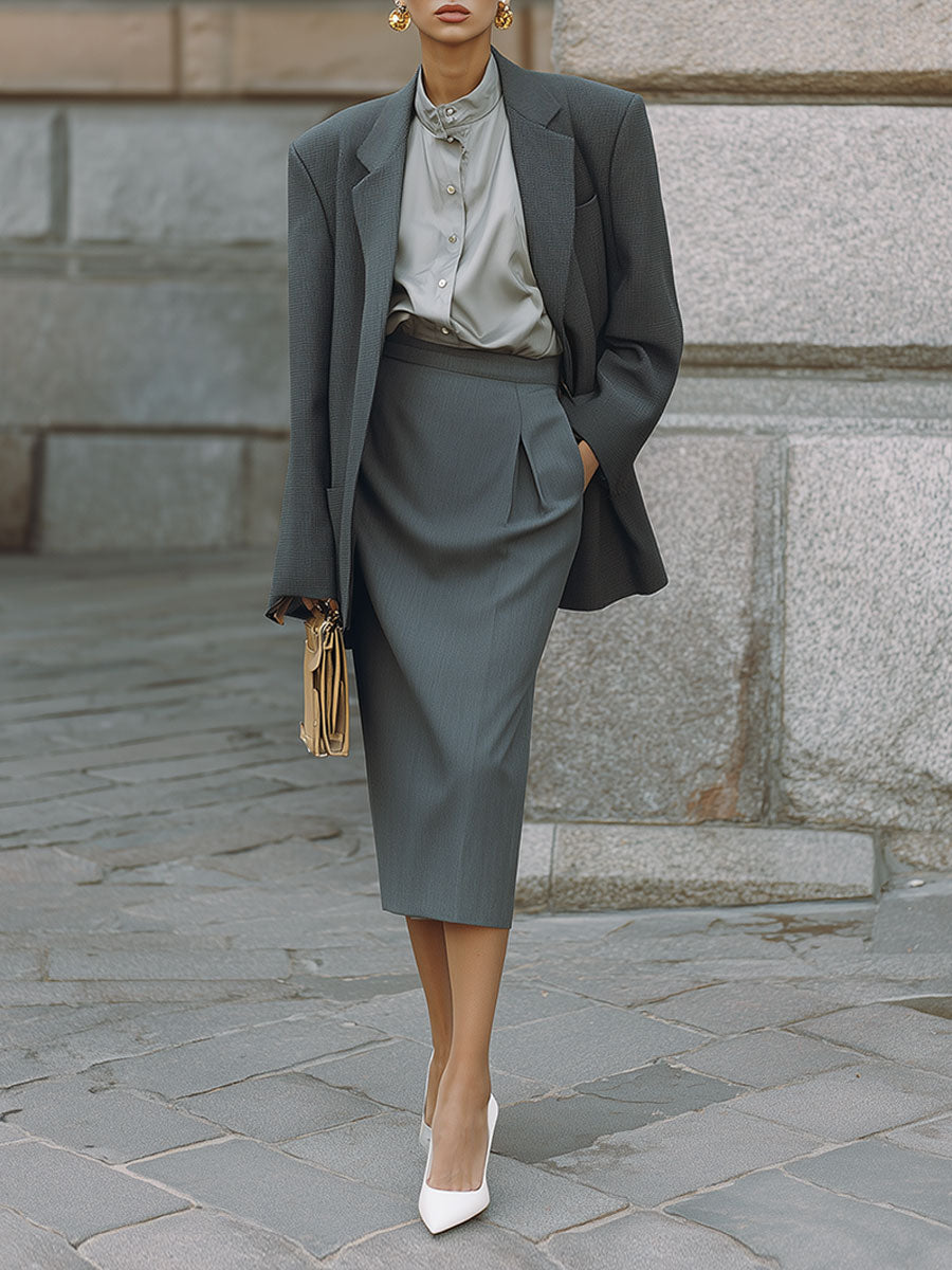 90s Minimalist Oversized Shoulder Pad Blazer & Pencil Skirt Set