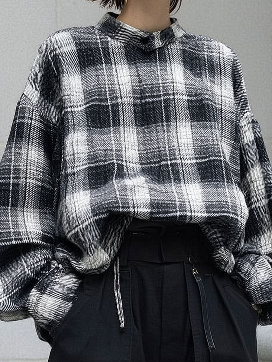 Casual Plaid Oversized Dropped Shoulder Sleeves Blouse