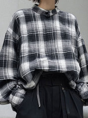 Casual Plaid Oversized Dropped Shoulder Sleeves Blouse