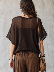 Effortless Coastal Elegance Mesh  Button-Front Boho Henley Top
