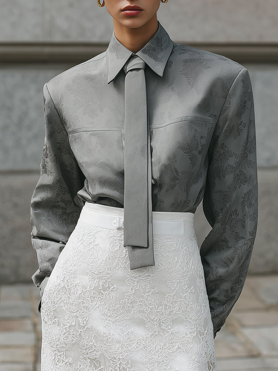 Old Money Fashion Jacquard Patchwork Blouse With Tie
