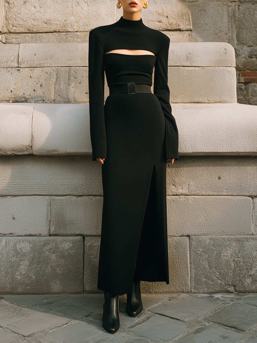 Uniquely Designed Chest Hollow Hem Pleated Belt Maxi Dress
