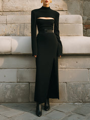 Uniquely Designed Chest Hollow Hem Pleated Belt Maxi Dress