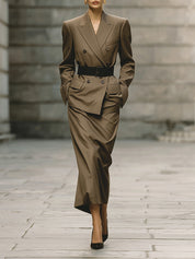 Simple Lapel Loose Blazer & Back Slit Cotton Blend Midi Skirt Set