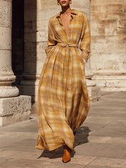 Retro Bohemian Fine Plaid Cotton Mixed Print Maxi Dress With Belt