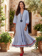Nautical Chic Textured Cotton V-Neck Ruffle-Tiered Blue & White Midi Dress