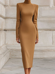 Deconstructed Shoulder Pads Slimming High Collar Midi Dress