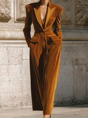 Synthetic Velvet Contrasting Lapel Soft Shoulder Pads Midi Dress