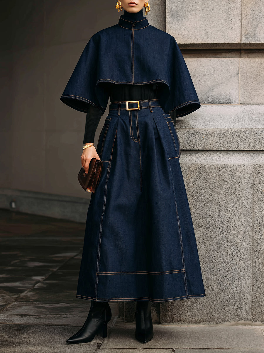 Classic Denim Stand Collar Cape & Topstitched Midi Skirt Set