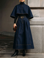 Classic Denim Stand Collar Cape & Topstitched Midi Skirt Set